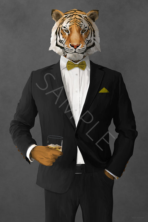 Tiger Drinking Whiskey Wall Art - Black Suit with Gold Bowtie