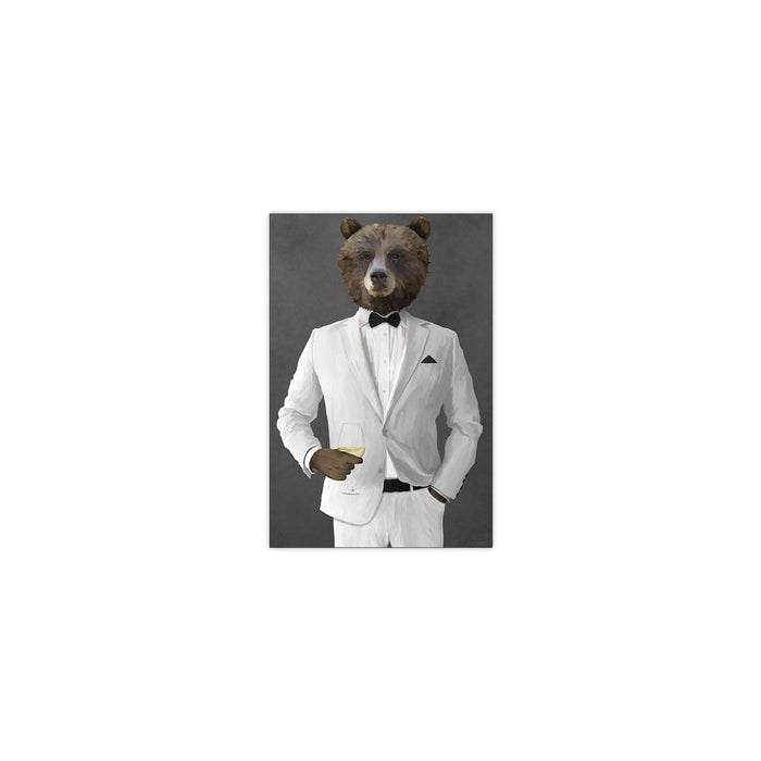 Grizzly Bear Drinking White Wine Wall Art - White Suit