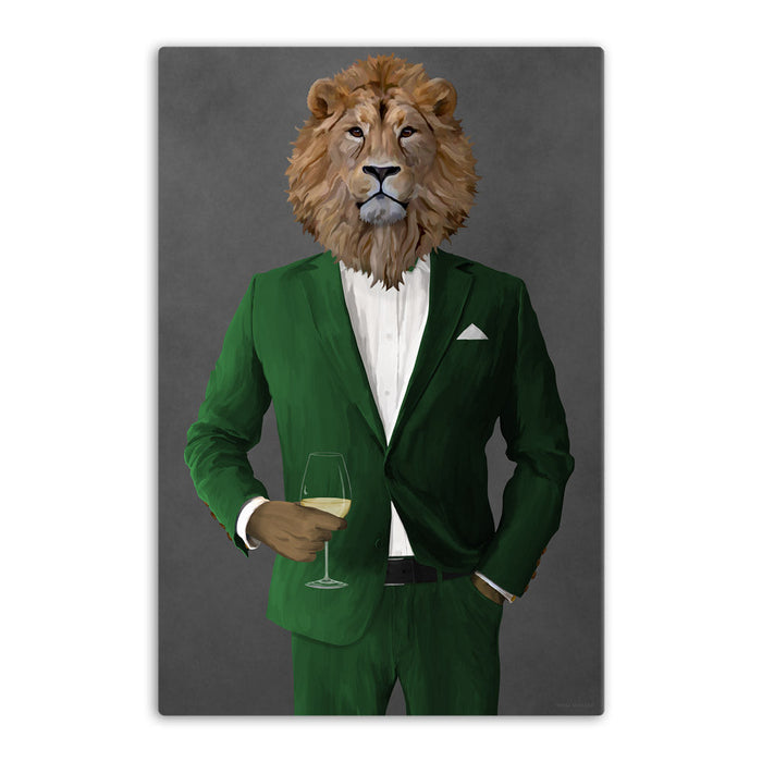 Lion Drinking White Wine Wall Art - Green Suit