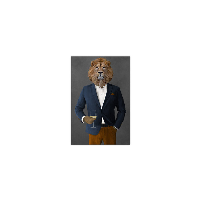 Lion Drinking White Wine Wall Art - Navy and Orange Suit