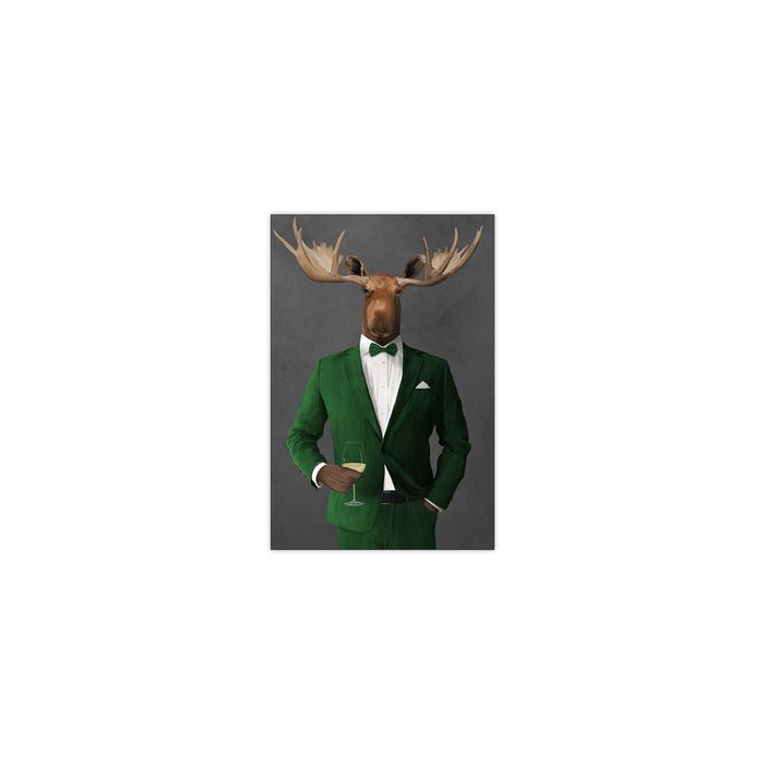 Moose Drinking White Wine Wall Art - Green Suit