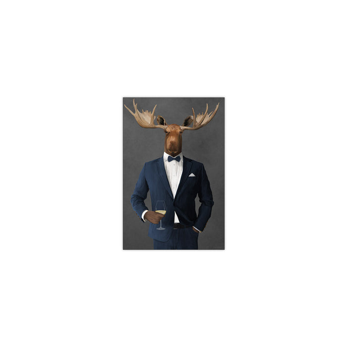 Moose Drinking White Wine Wall Art - Navy Suit