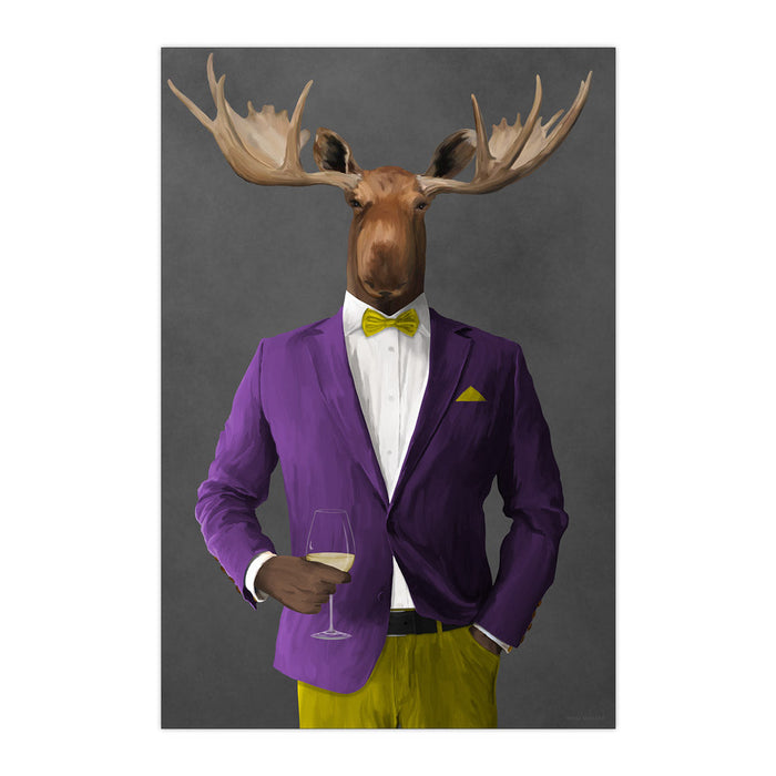 Moose Drinking White Wine Wall Art - Purple and Yellow Suit