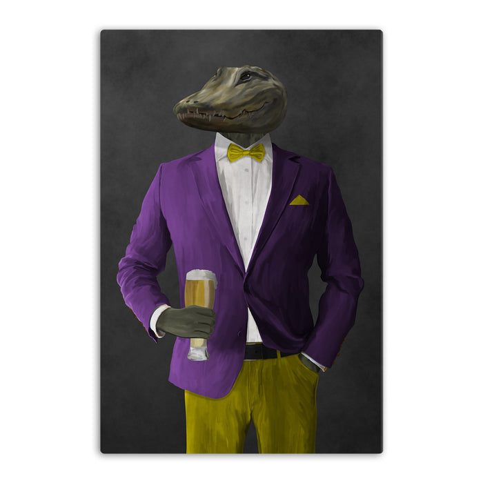 Alligator Drinking Beer Wall Art - Purple and Yellow Suit