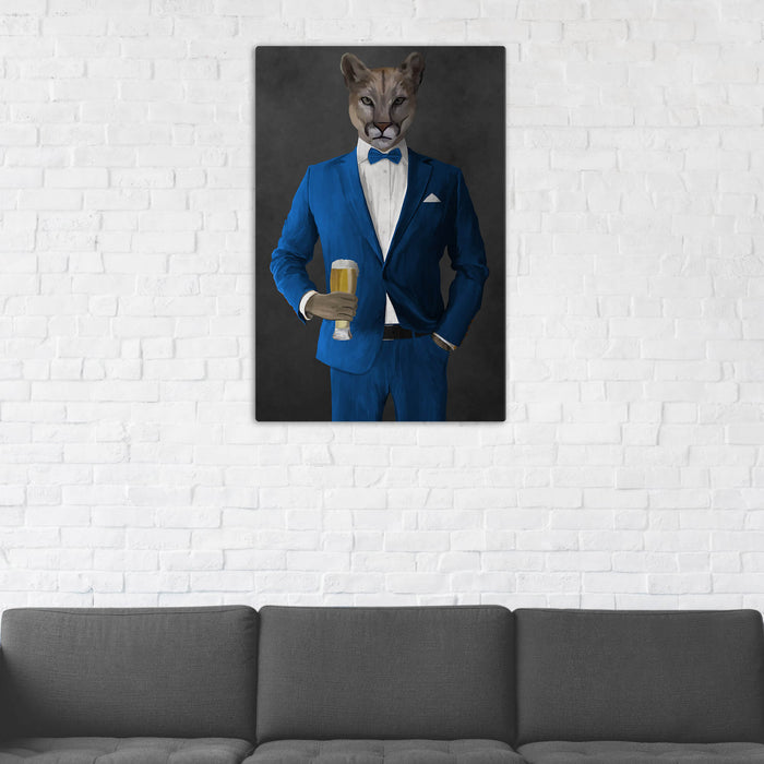 Cougar Drinking Beer Wall Art - Blue Suit