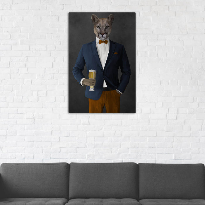 Cougar Drinking Beer Wall Art - Navy and Orange Suit