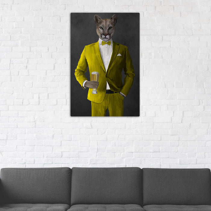 Cougar Drinking Beer Wall Art - Yellow Suit