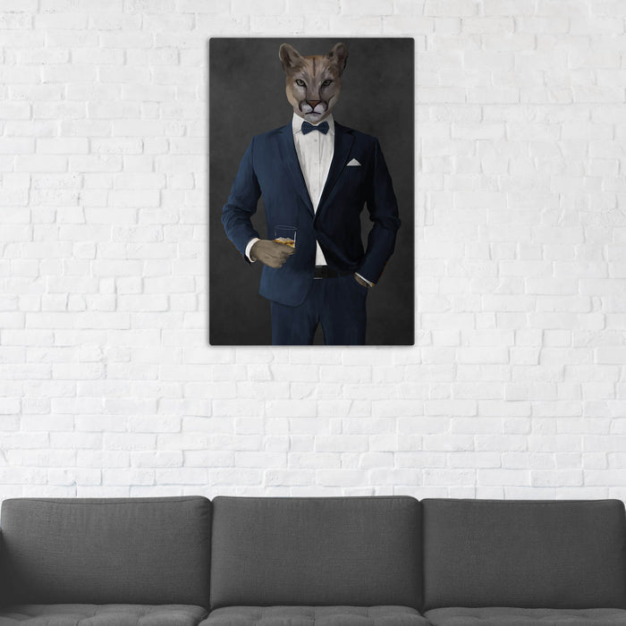 Cougar Drinking Whiskey Wall Art - Navy Suit