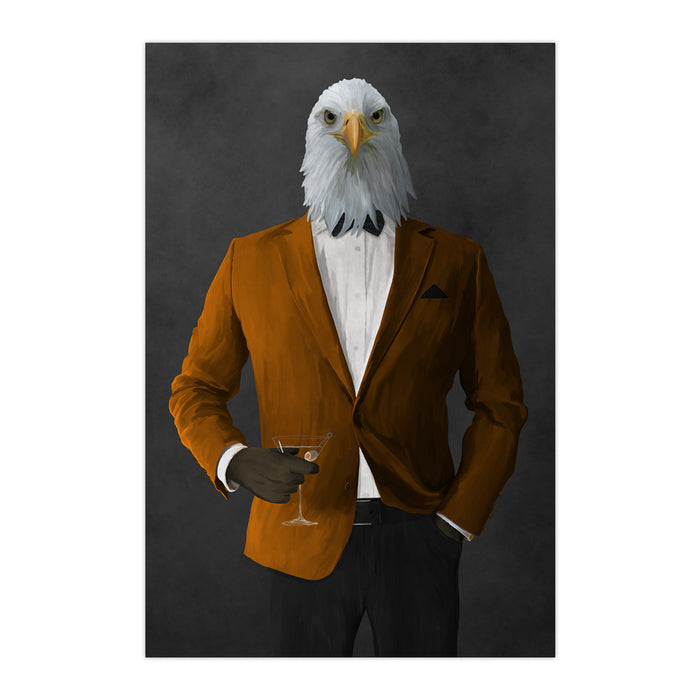 Bald eagle drinking martini wearing orange and black suit large wall art print