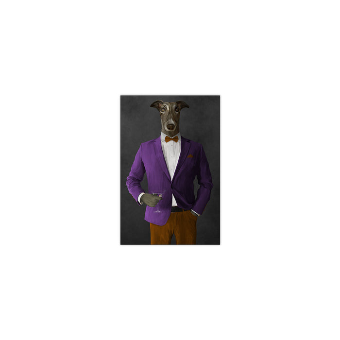 Greyhound Drinking Martini Wall Art - Purple and Orange Suit