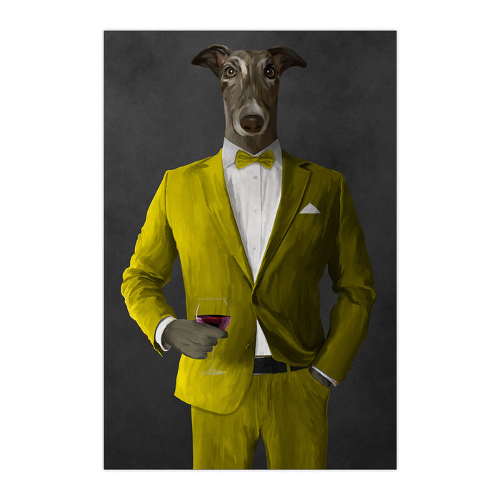 Greyhound Drinking Red Wine Wall Art - Yellow Suit