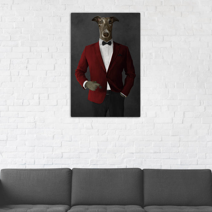 Greyhound Smoking Cigar Wall Art - Red and Black Suit