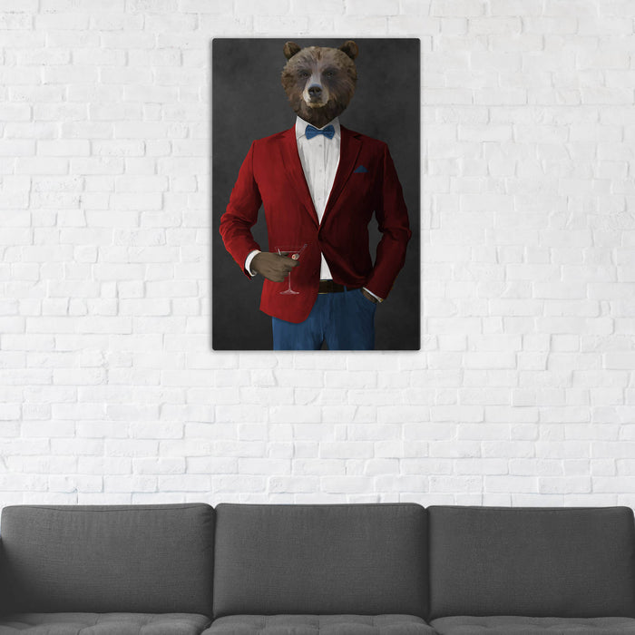 Grizzly Bear Drinking Martini Wall Art - Red and Blue Suit