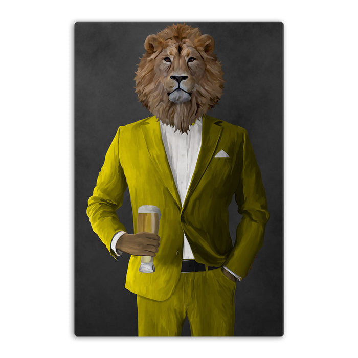 Lion Drinking Beer Wall Art - Yellow Suit