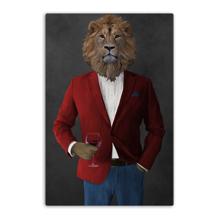 Lion Drinking Red Wine Wall Art - Red and Blue Suit