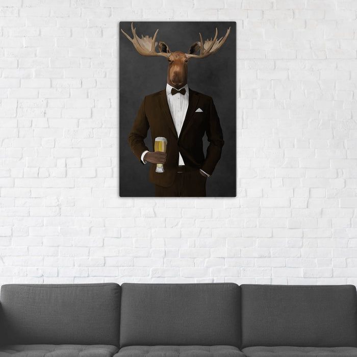 Moose Drinking Beer Wall Art - Brown Suit