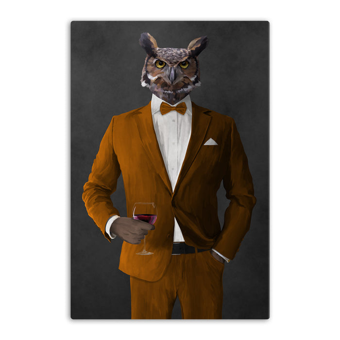 Owl drinking red wine wearing orange suit canvas wall art