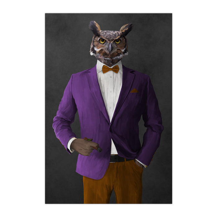 Owl smoking cigar wearing purple and orange suit large wall art print