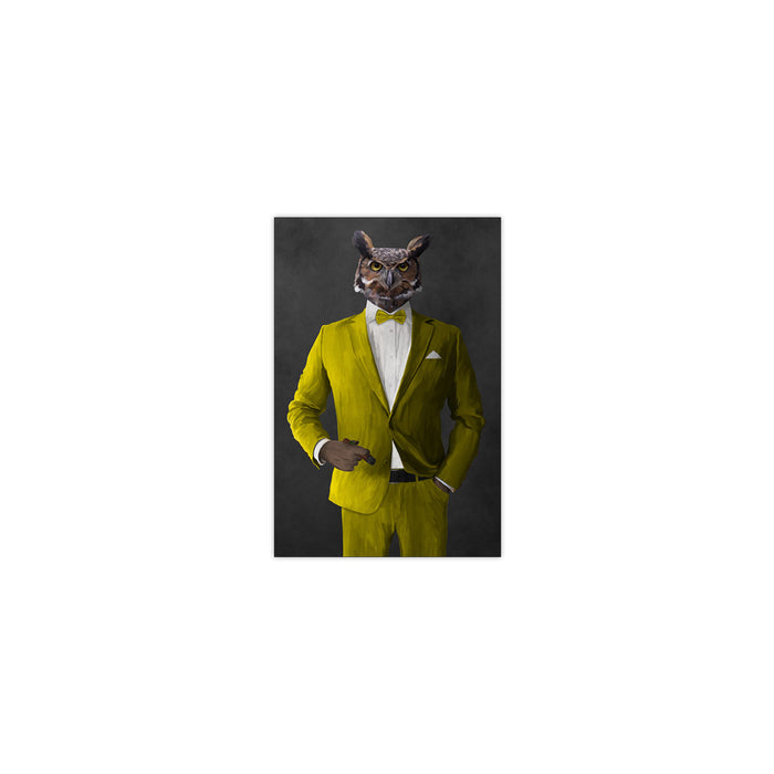 Owl smoking cigar wearing yellow suit small wall art print