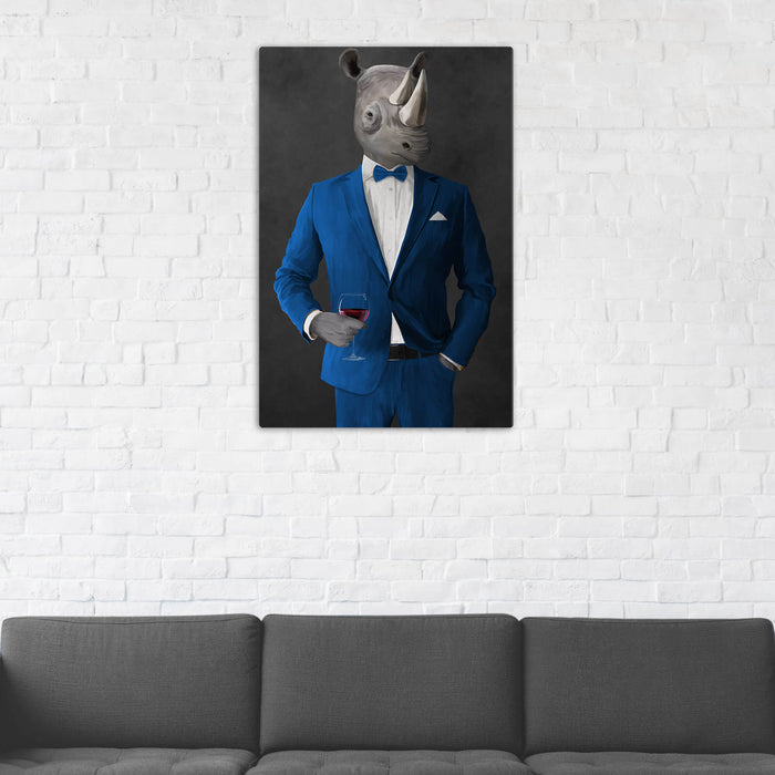 Rhinoceros Drinking Red Wine Wall Art - Blue Suit