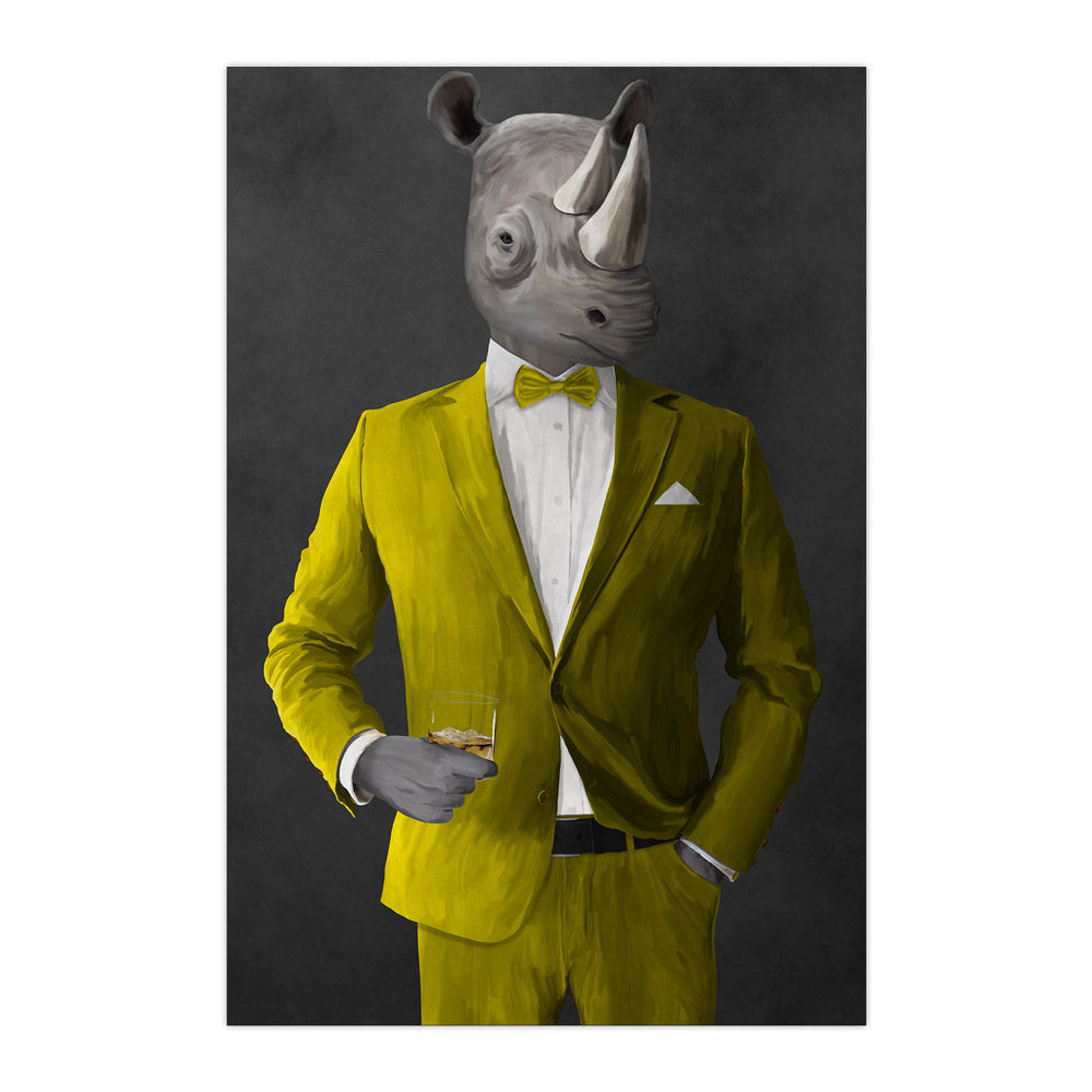 Rhinoceros Drinking Whiskey Wall Art - Yellow Suit — Royal Mallard