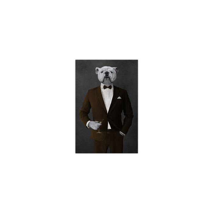 White Bulldog Drinking Martini Wall Art - Brown Suit