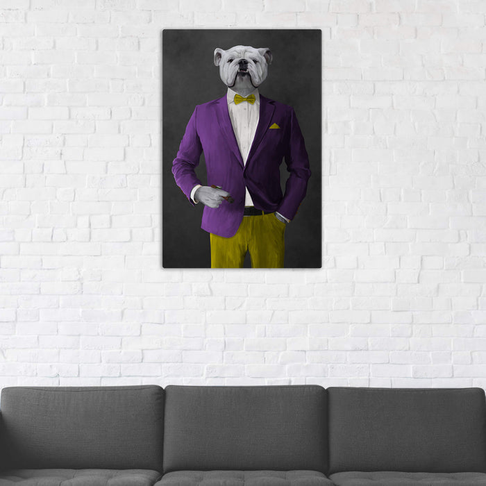 White Bulldog Smoking Cigar Wall Art - Purple and Yellow Suit