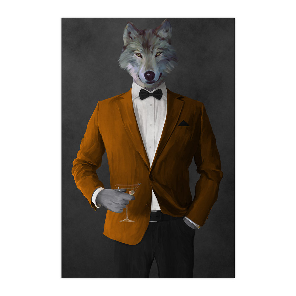 Wolf Drinking Martini Wall Art - Orange and Black Suit — Royal Mallard